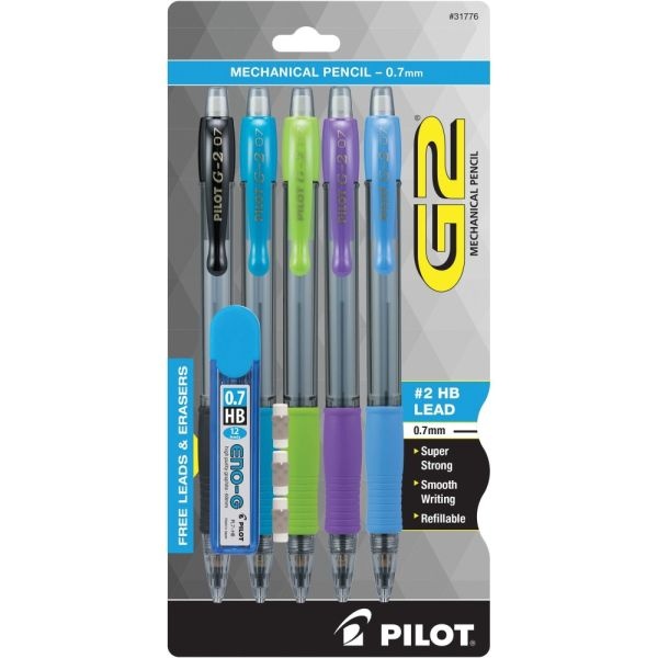 Pilot G-2 Mechanical Pencil, 0.7Mm, #2 Lead, Assorted Barrel Colors, Pack Of 5
