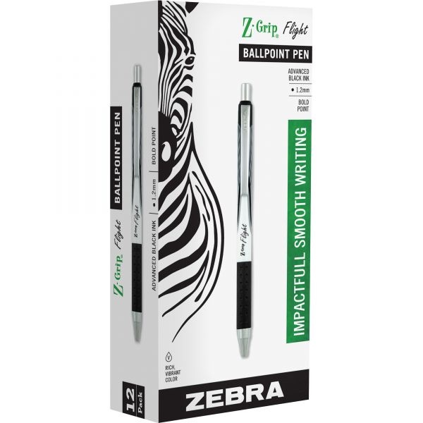 Zebra Z-Grip Flight Ballpoint Pen, Retractable, Bold 1.2 Mm, Black Ink, White Barrel, 12/Pack