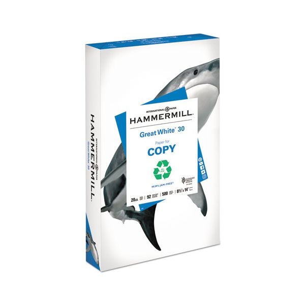 Hammermill Great White Recycled Copy Paper, 92 Brightness, 20 Lb, 8 1/2 X 14, White, 500 Sheets/Ream