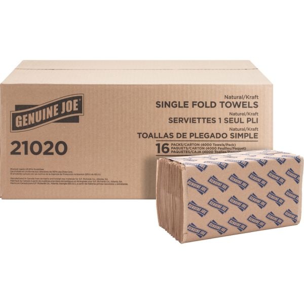 Genuine Joe Singlefold Paper Towels, 250 Sheets/ Pack, 16 Packs/ Carton