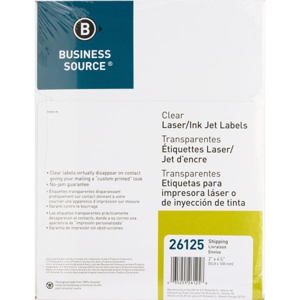 Business Source Clear Shipping Labels - 2" Width X 4 1/4" Length - Permanent Adhesive - Rectangle - Laser - Clear - 10 / Sheet - 500 / Pack - Self-Adhesive