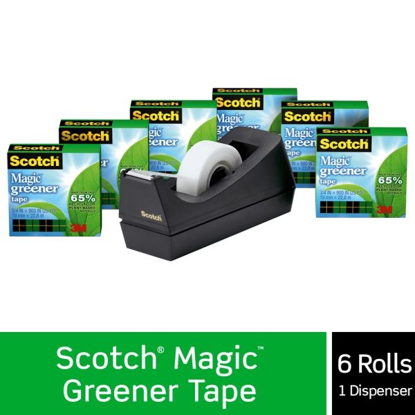 Scotch Greener Magic Tape With Dispenser, Invisible, 3/4 In X 900 In, 6 Tape Rolls, Clear, Home Office And School Supplies