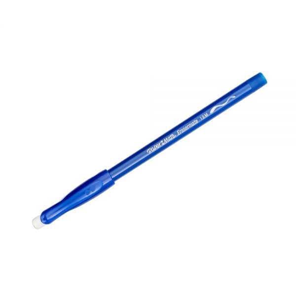 Paper Mate Erasermate Pens, Medium Point, 1.0 Mm, Blue Barrel, Blue Ink, Pack Of 4