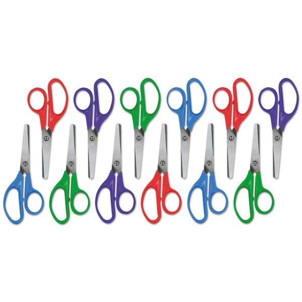 Universal Kids' Scissors, Rounded Tip, 5" Long, 1.75" Cut Length, Assorted Straight Handles, 12/Pack