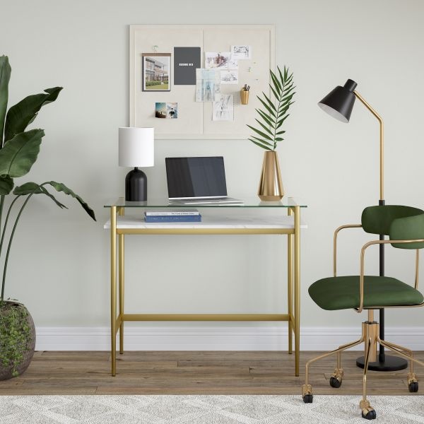 Eaton Rectangular 36'' Wide Desk With Faux Marble Shelf In Brass/Faux Marble