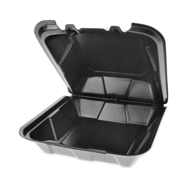 Pactiv Evergreen Vented Foam Hinged Lid Container, Dual Tab Lock, 9 X 9 X 3.25, Black, 150/Carton