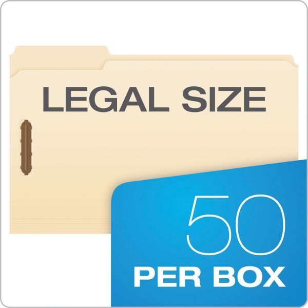Pendaflex Manila Fastener Folders, 1/3-Cut Tabs, 2 Fasteners, Legal Size, Manila Exterior, 50/Box