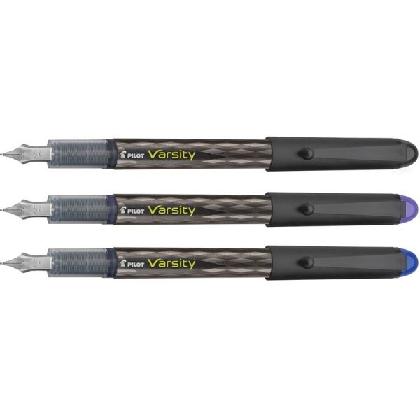 Pilot Varsity Disposable Fountain Pen, Medium Point, Black Barrel, Assorted Ink, Pack Of 3