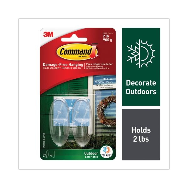 Command All Weather Hooks And Strips, Plastic, Medium, 2 Hooks And 4 Strips/Pack