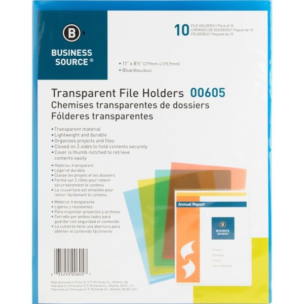 Sparco Transparent File Holders, Letter Size, Blue, Pack Of 10