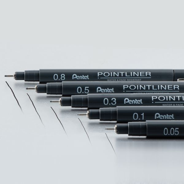 Pentel Arts Pointliner Pigment Ink Pen Assorted Sizes 5/Pkg