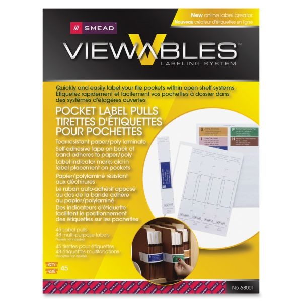 Smead Viewables Pocket Label Pulls, 1.63 X 10.13, White, 5/Sheet, 9 Sheets/Pack