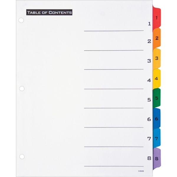 Office Essentials Table 'N Tabs Dividers, 8-Tab, 1 To 8, 11 X 8.5, White, Assorted Tabs, 1 Set