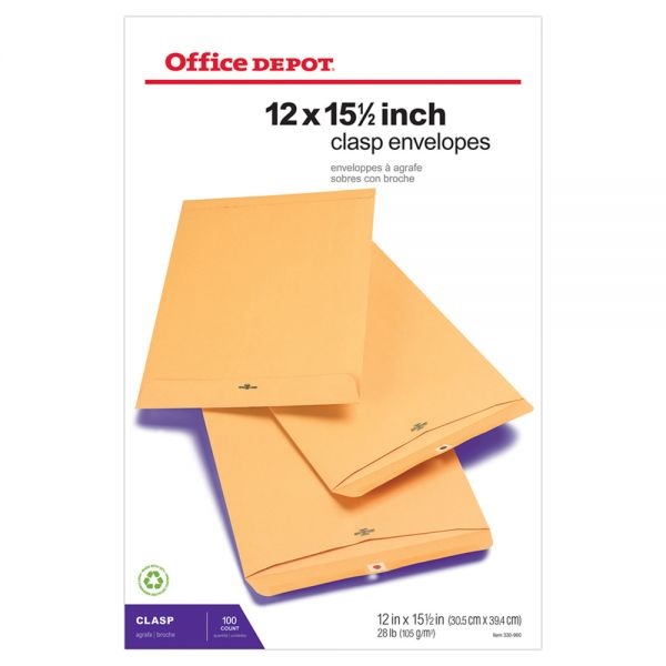 Manila Envelopes, 12" X 15-1/2", Clasp Closure, Brown Kraft, Box Of 100