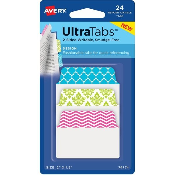 Avery Ultra Tabs Repositionable Standard Tabs, 1/5-Cut Tabs, Assorted Patterns, 2" Wide, 24/Pack