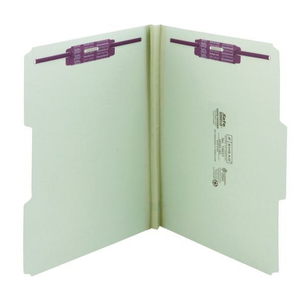 Smead Pressboard Fastener Folders With Safeshield Fasteners, 1" Expansion, Letter Size, 100% Recycled, Gray/Green, Box Of 25