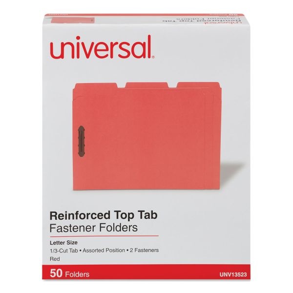 Universal Deluxe Reinforced Top Tab Fastener Folders, 0.75" Expansion, 2 Fasteners, Letter Size, Red Exterior, 50/Box