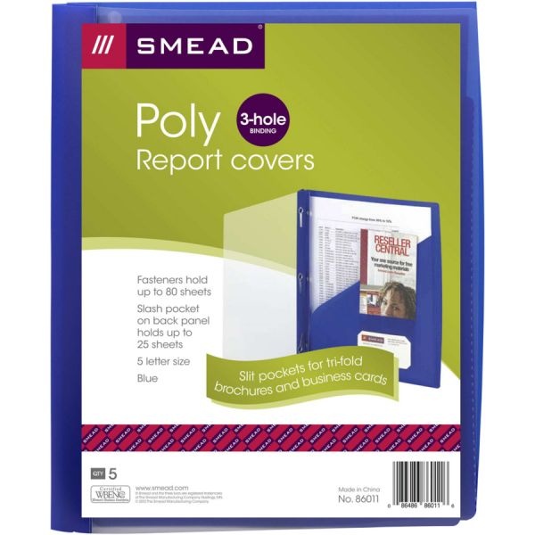 Smead Clear Front Poly Report Cover, Double-Prong Fastener, 0.5" Capacity, 8.5 X 11, Clear/Blue, 5/Pack