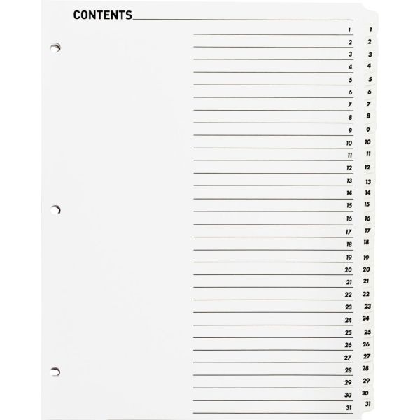 Sparco Quick Index Dividers With Table Of Contents Page, 1-31, White