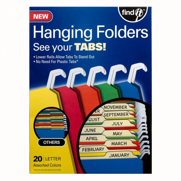 Find It Tab-View Hanging File Folders, Letter Size, 70% Recycled, Assorted Colors, Pack Of 20