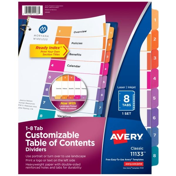 Avery Ready Index 1-8 Tab Binder Dividers With Customizable Table Of Contents, 8-1/2" X 11", 8 Tab, White/Multicolor, 1 Set