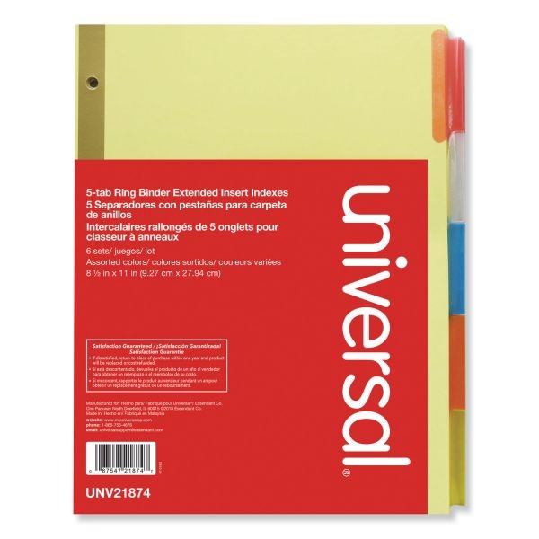 Universal Deluxe Extended Insertable Tab Indexes, 5-Tab, 11 X 8.5, Buff, Assorted Tabs, 6 Sets
