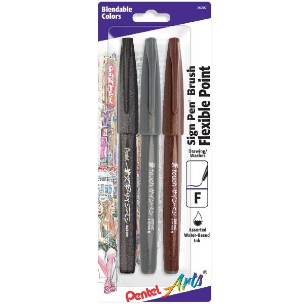Pentel Arts Sign Pens With Brush Tip 3/Pkg