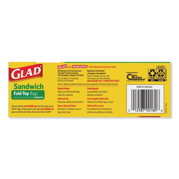 Glad Fold-Top Sandwich Bags, 6.5" X 5.5", Clear, 180/Box, 12 Boxes/Carton