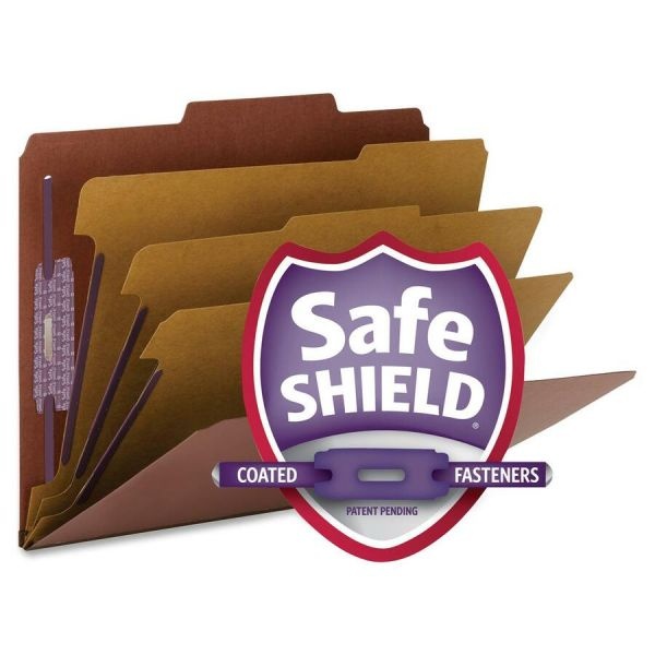 Smead Pressboard Classification Folders With Safeshield Coated Fasteners, 2/5 Cut, 3 Dividers, Letter Size, Red, 10/Box