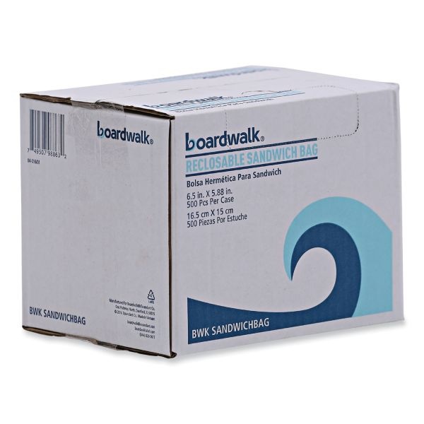 Boardwalk Reclosable Food Storage Bags, Sandwich, 1.15 Mil, 6.5" X 5.89", Clear, 500/Box
