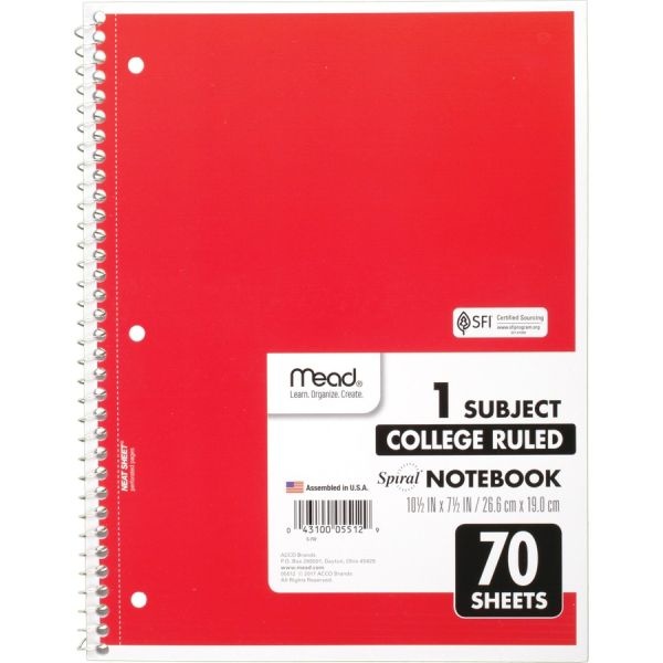 Mead Spiral Notebook, 8" X 10-1/2", 1 Subject, College Rule, Assorted Colors
