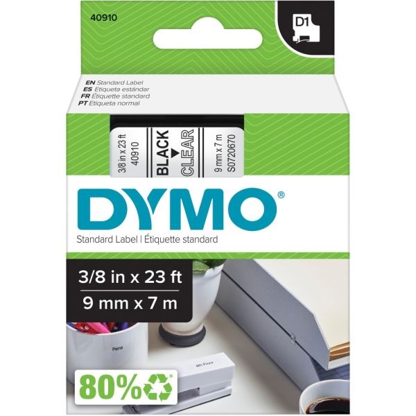 Dymo D1 High-Performance Polyester Removable Label Tape, 0.37" X 23 Ft, Black On Clear