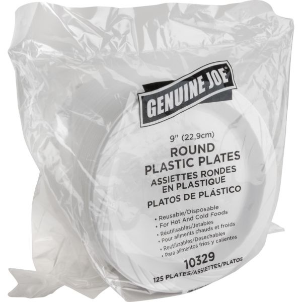 Genuine Joe Reusable/Disposable 9" Plastic Plates, White, Pack Of 125
