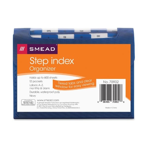 Smead Step Index Organizer, 12 Sections, Cord/Hook Closure, 1/6-Cut Tabs, Letter Size, Navy