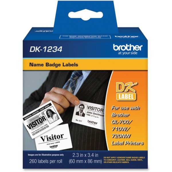 Brother Dk1234 Name Badge Labels, Rectangular, 2 3/8" X 3 3/8", White, Pack Of 260