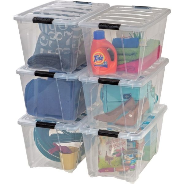 Iris Stackable Clear Storage Boxes, 22" X 16 1/2" X 13", Clear, Black, Case Of 6
