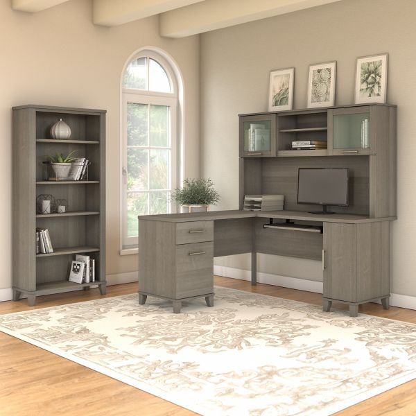 Bush Furniture Somerset 60W L Shaped Desk With Hutch And 5 Shelf Bookcase In Ash Gray