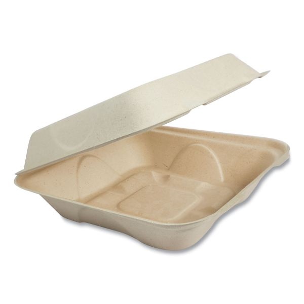 World Centric Fiber Hinged Containers, 8 X 8 X 3, Natural, Paper, 300/Carton