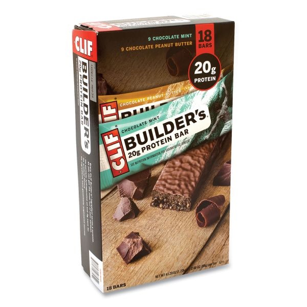 Clif Bar Builders Protein Bar, Chocolate Mint/Chocolate Peanut Butter, 2.4 Oz Bar, 18 Bars/Box