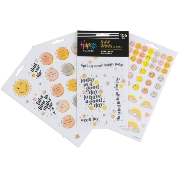 Happy Planner Smiley Face Stickers, 9-1/8" X 4-3/4", Assorted Colors, Pack Of 106 Stickers
