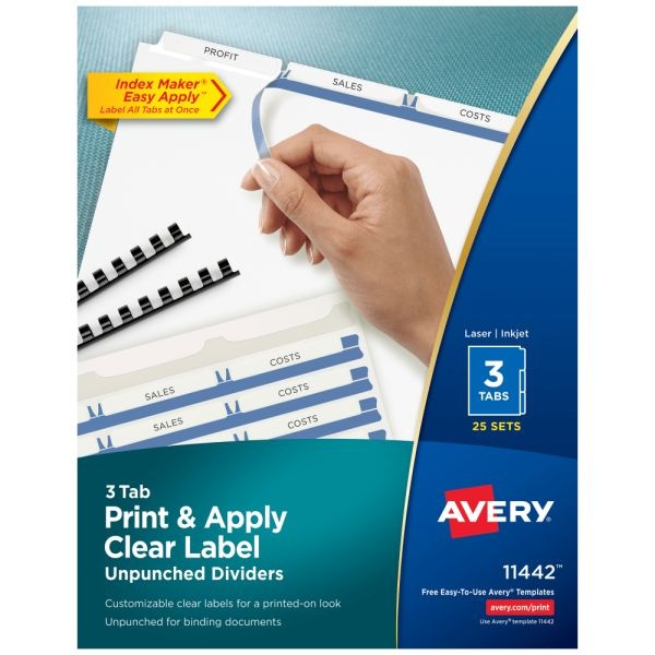Avery Print & Apply Clear Label Dividers With Index Maker Easy Apply Printable Label Strip And White Tabs, Unpunched, 3-Tab, Box Of 25 Sets