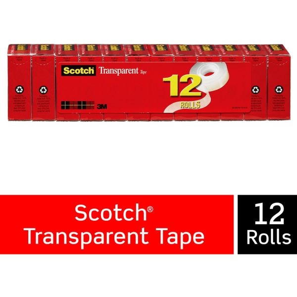 Scotch Transparent Tape, 3/4" X 1,000", Clear, Pack Of 12 Rolls