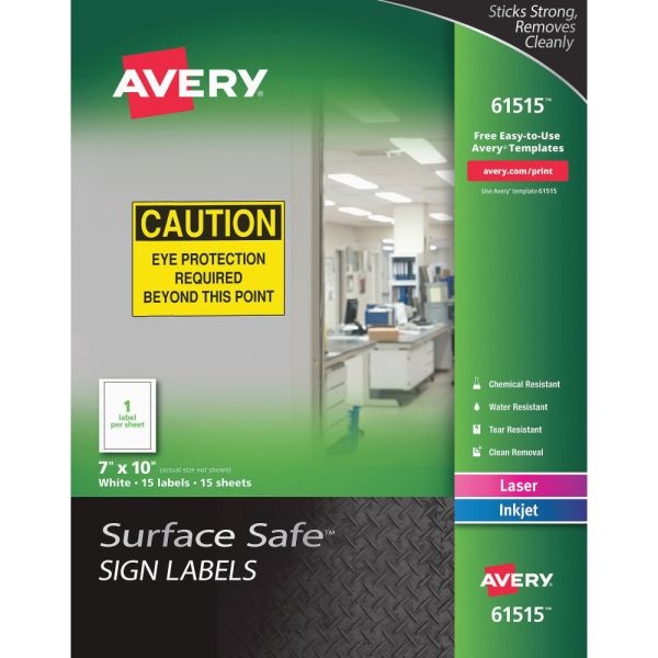 Avery Surface Safe Sign Labels, 7" X 10", Rectangle, Pack Of 15