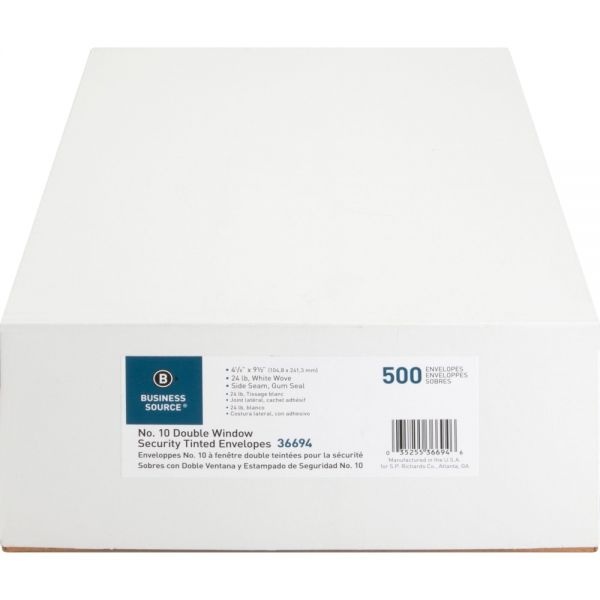 Business Source No. 10 Double-Window Invoice Envelopes, #10 (4.25" X 9.50"), Gummed Seal, 500/ Box
