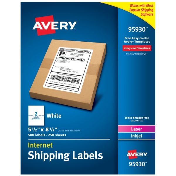 Avery Shipping Address Labels, 95930, Rectangle, 5 1/2" X 8 1/2", White, Pack Of 500