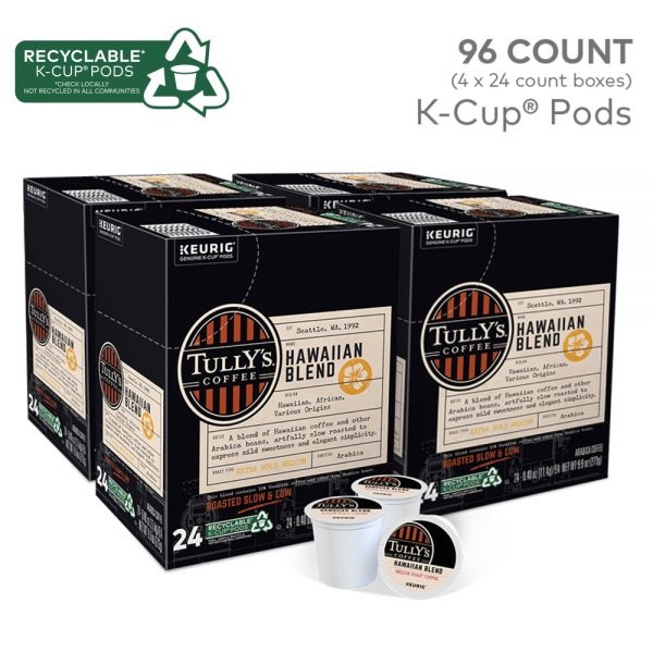 Tully's Coffee Hawaiian Blend Single-Serve K-Cups, Carton Of 24 K-Cups, Box Of 4 Cartons