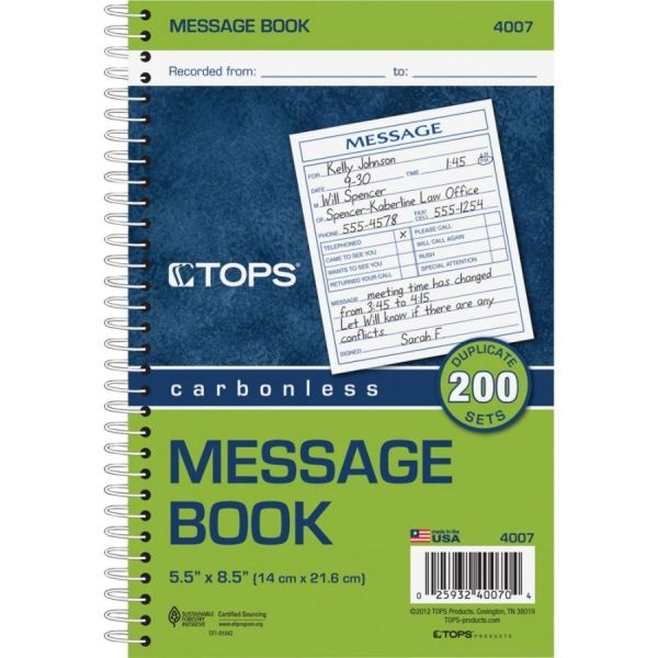 Tops Spiralbound Message Book, Two-Part Carbonless, 4.25 X 5, 2/Page, 200 Forms