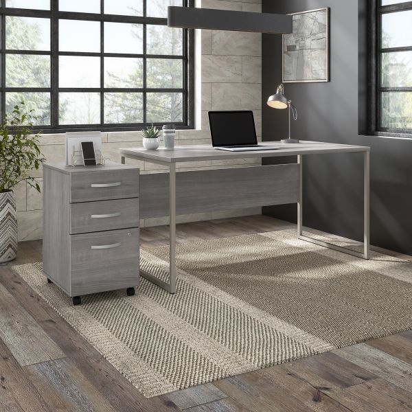 Bush Business Furniture Hybrid 60W X 30D Computer Table Desk With 3 Drawer Mobile File Cabinet In Platinum Gray