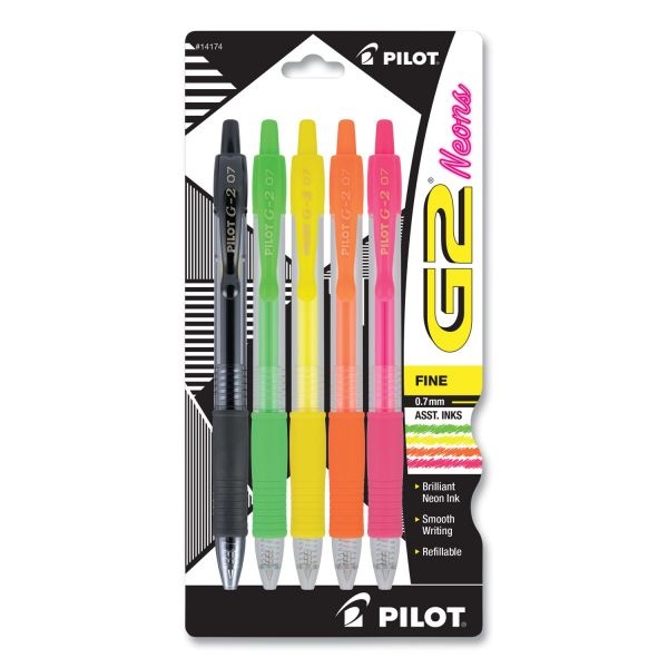 Pilot G2 Neon Gel Pen, Retractable, Fine 0.7 Mm, Assorted Neon Ink And Barrel Colors, 5/Pack