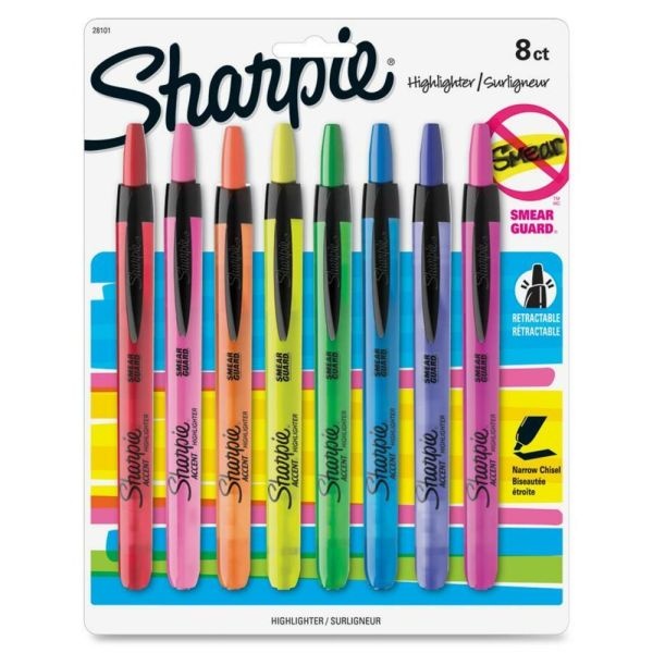 Sharpie Accent Retractable Highlighters, Assorted Colors, Pack Of 8